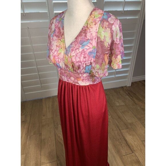 Vtg 70s Roberta California Red Pink Chiffon Floral Maxi Dress S 5 Boho Hippie - Picture 7 of 12
